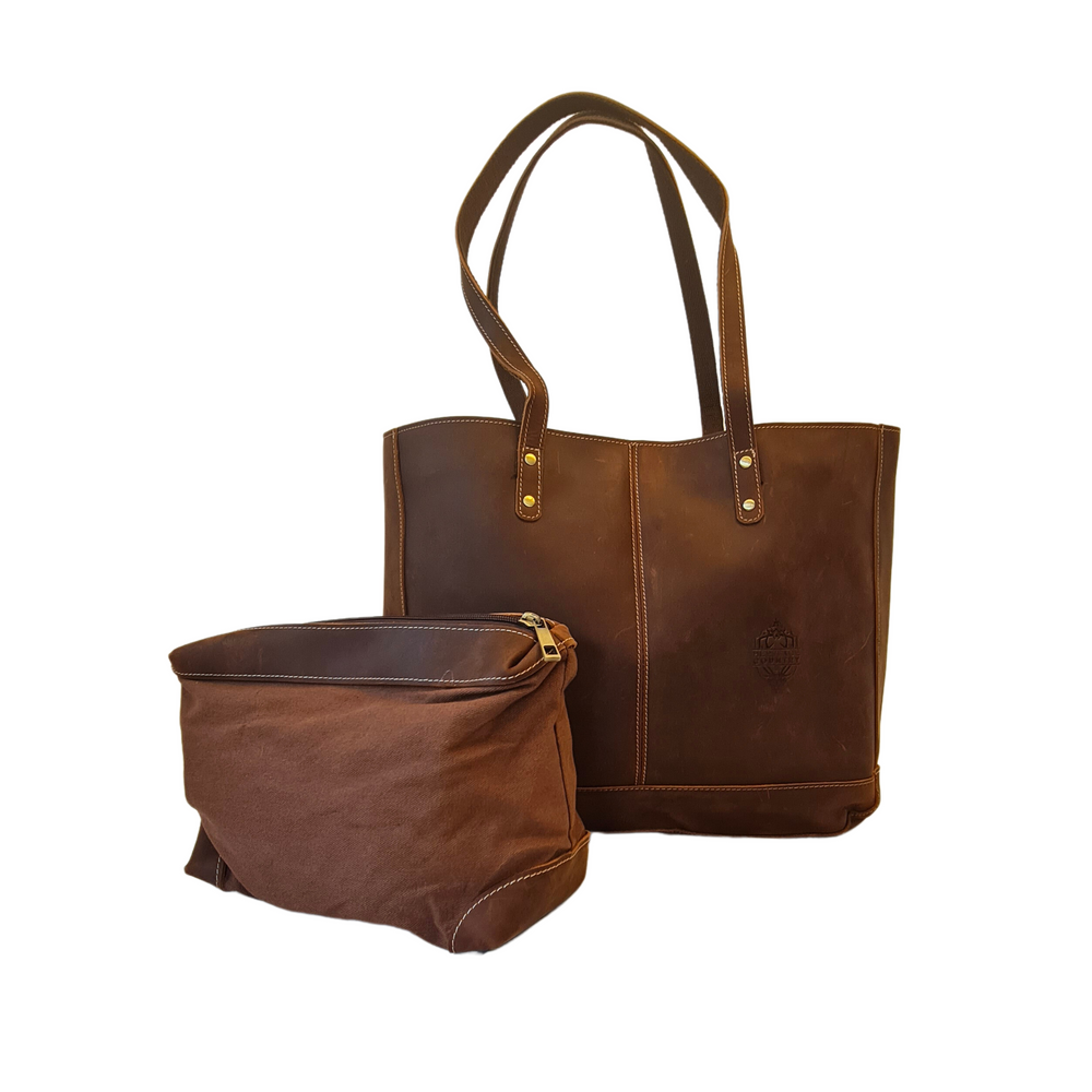 Heritage Country Leather Tote Bag - 'The Madison' - Mid-Brown - with canvas insert