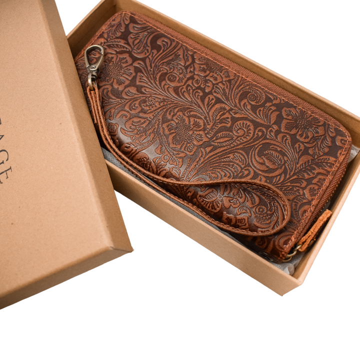 Floral Patterned Leather Wallet - Dual Zip