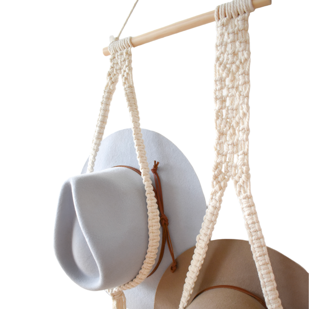 Macrame Hat Hanger for 2 Hats - Side-by-side Country Style Hat Holder