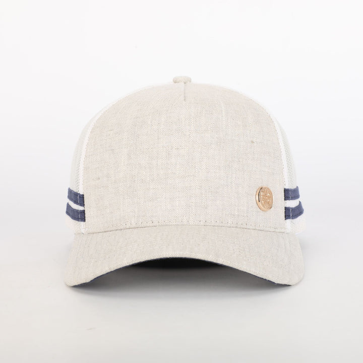 Front view - 'The Logan' Linen Trucker Cap. Made by Australian Country Brand 'Heritage Country.