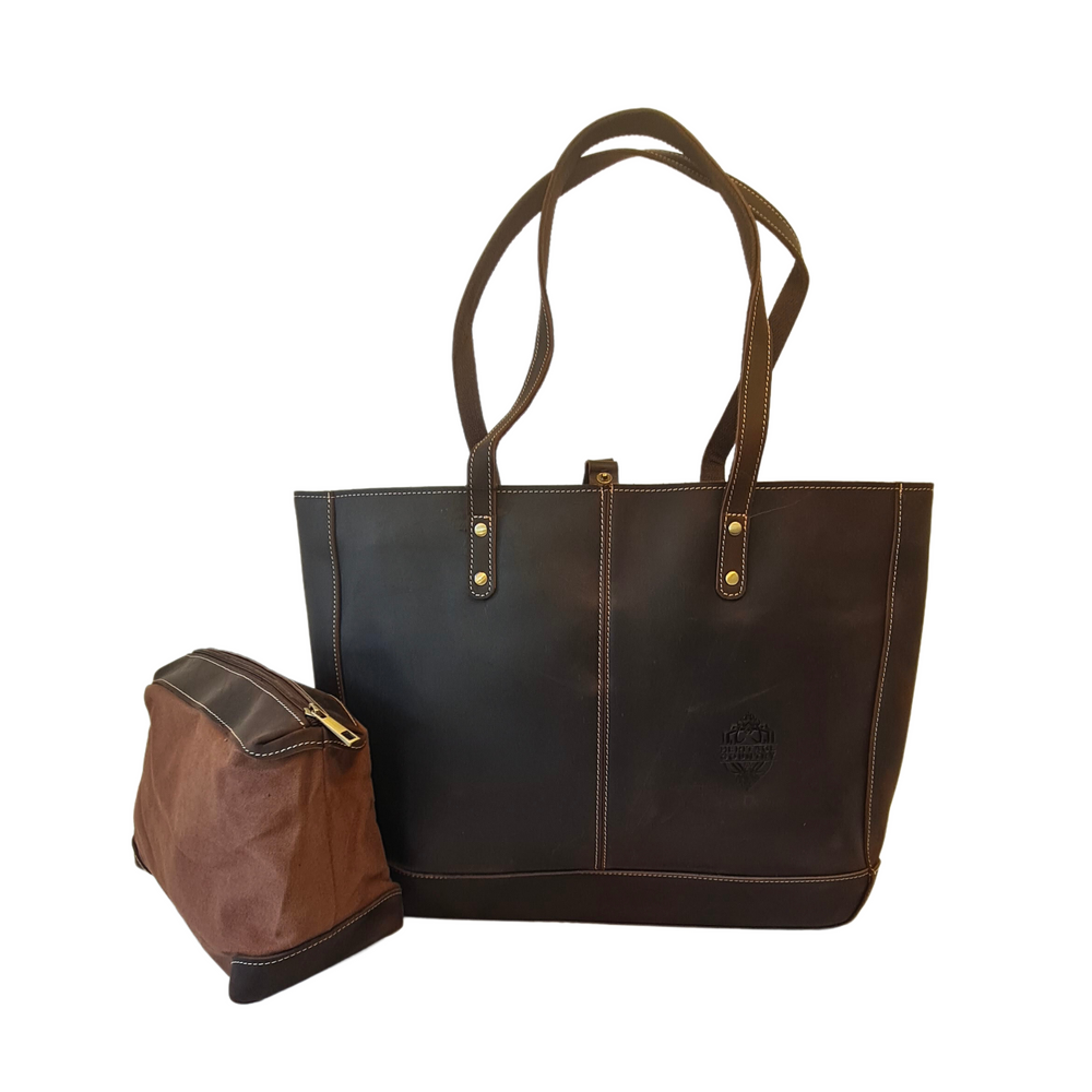 Heritage Country Leather Tote Bag - 'The Madison' - Dark Brown with canvas insert